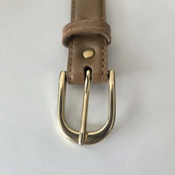Vtg 90s 33"-37" Waist Womens Belt Light Brown Leather Thin Skinny Gold Buckle - Picture 2 of 7